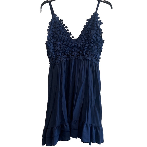 Women's Blue Floral Lace Ruffled Summer Dress Size L - Picture 1 of 12